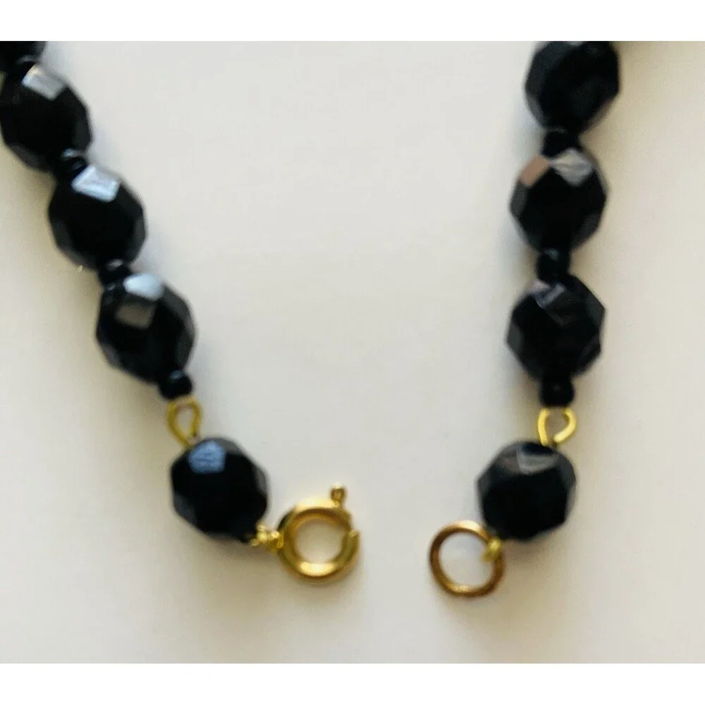 VTG  Estate French Jet & Cut Glass Bead Necklace 30 Inch Black & Clear Faceted